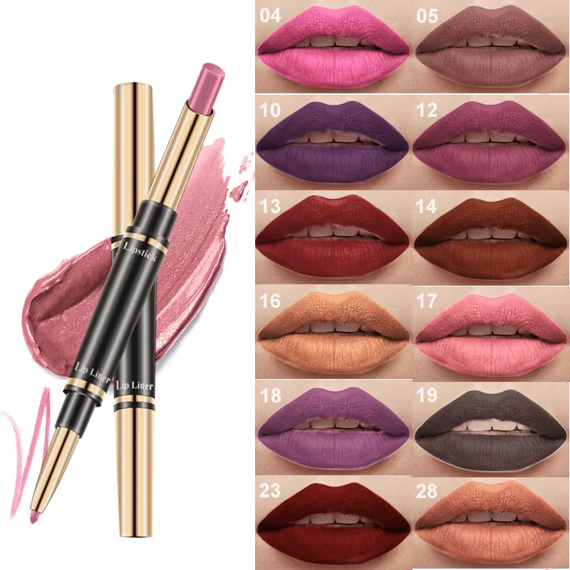 Lipstik Tahan Air Kepala Ganda Matte 12 Warna dan Lip Liner 2 in 1 Lip Liner