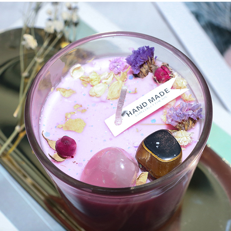 100G Dekorasi Rumah Lilin Kedelai Buatan Tangan Aromaterapi Ramah Lingkungan Batu Kristal Tinggi Lilin Beraroma Bunga Kering untuk Hadiah Pesta Ulang Tahun